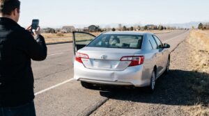 person photographing rear bumper damage on Toyota Camry pulled over on roadside