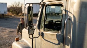 truck driver standing beside commercial semi-truck cab in outdoor lot