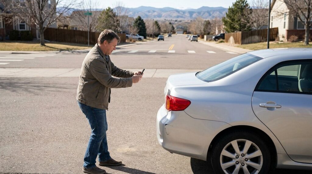 man photographing damaged sedan bumper with smartphone on residential street