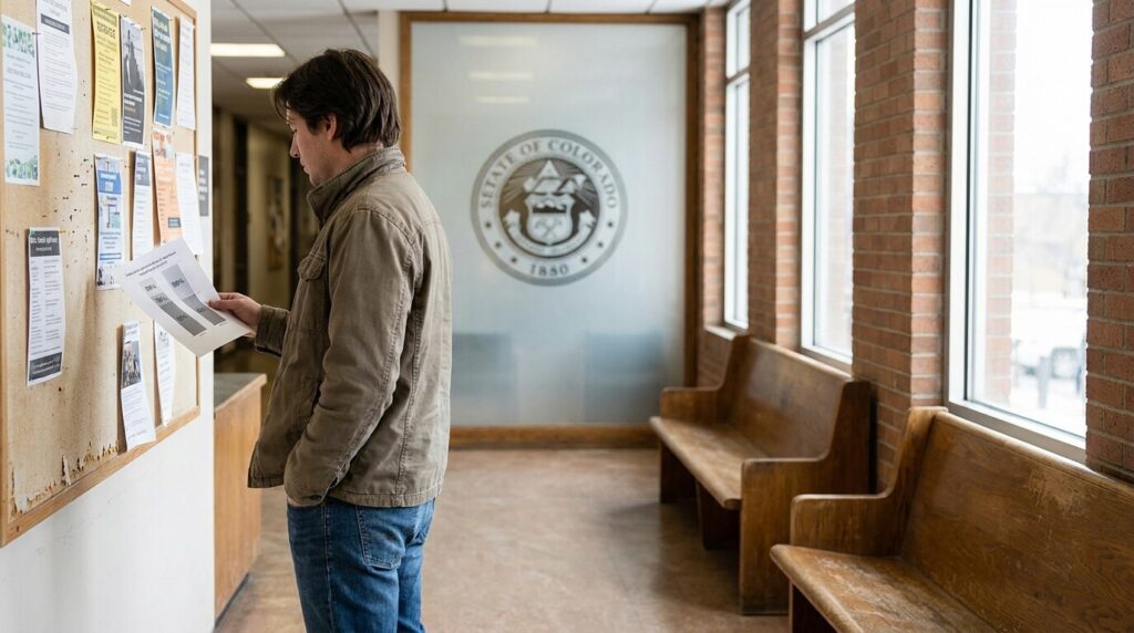 man reading document near bulletin board in State of Colorado government office