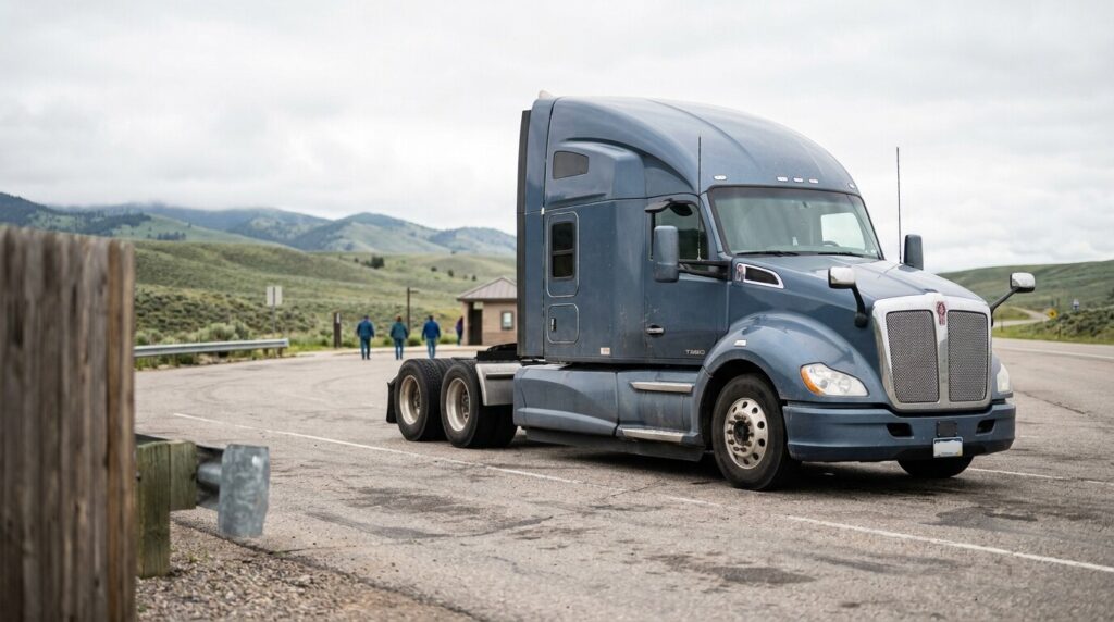 Kenworth semi-truck cab parked at rural rest stop near mountain highway