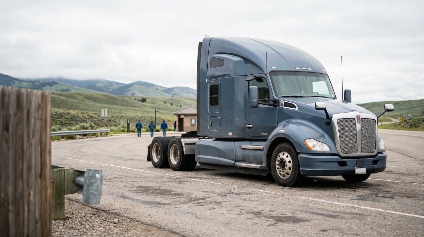Kenworth semi-truck cab parked at rural rest stop near mountain highway
