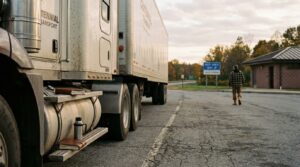 Centennial Transport semi-truck parked at rest area with truck parking sign