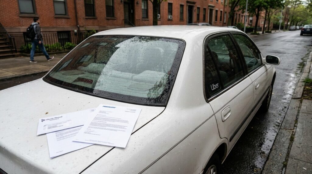Uber vehicle with Liberty Mutual and Progressive insurance documents on hood