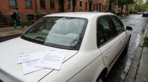Uber vehicle with Liberty Mutual and Progressive insurance documents on hood