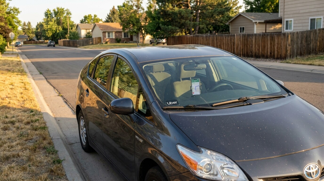 Toyota Prius with Uber decal and mounted navigation phone parked on residential street