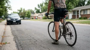 cyclist standing on residential street with car approaching from behind