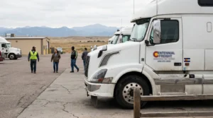 Centennial Freight semi-trucks parked at lot with workers walking nearby