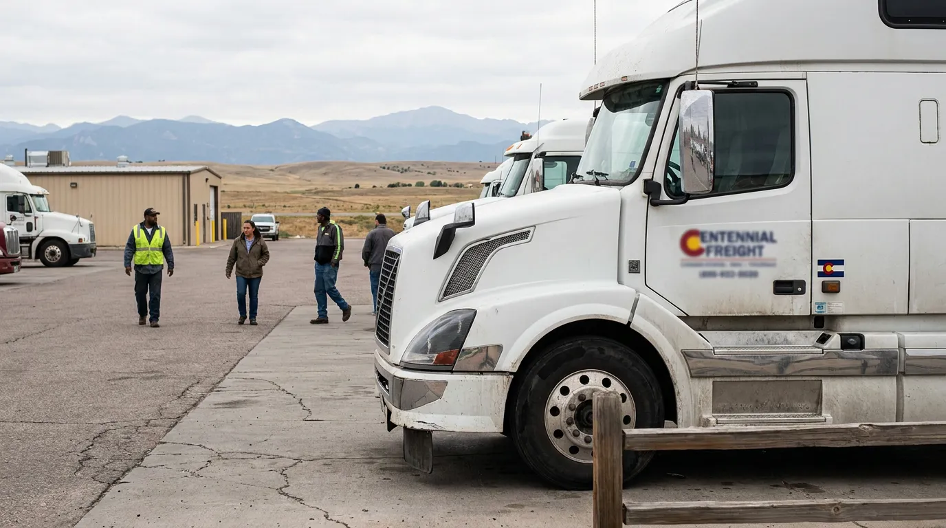 Centennial Freight semi-trucks parked at lot with workers walking nearby