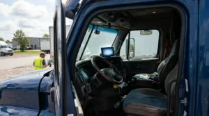 open commercial truck cab interior with steering wheel and mounted tablet device