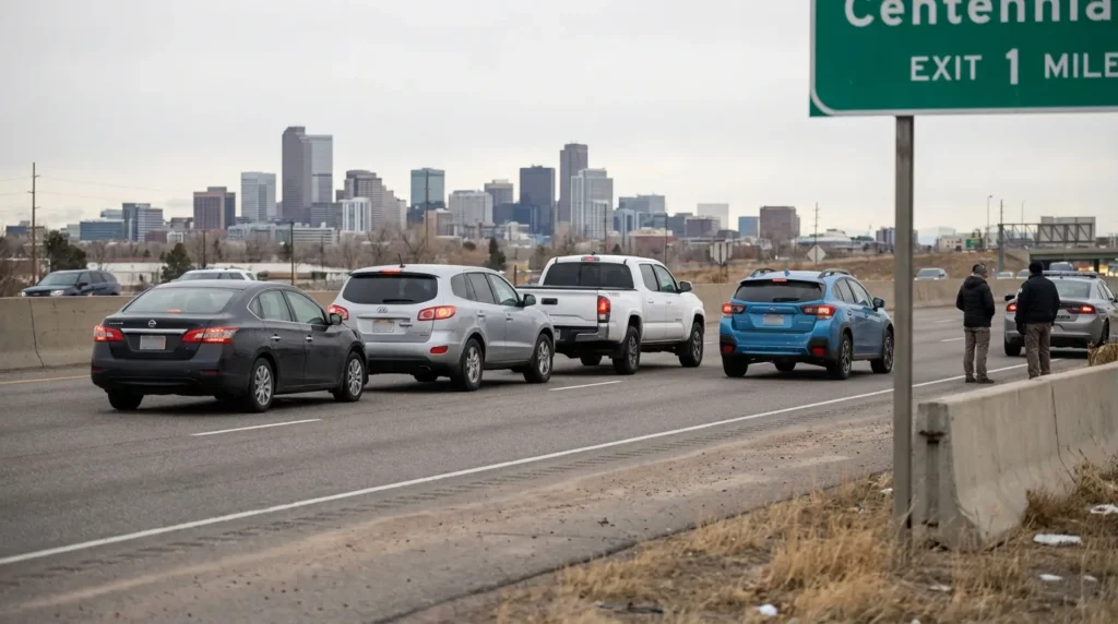 multiple vehicles stopped on highway near Centennial exit sign with Denver skyline