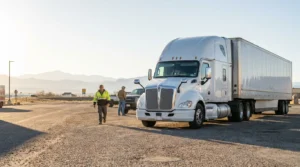 worker in safety vest walking near parked semi-truck at roadside stop