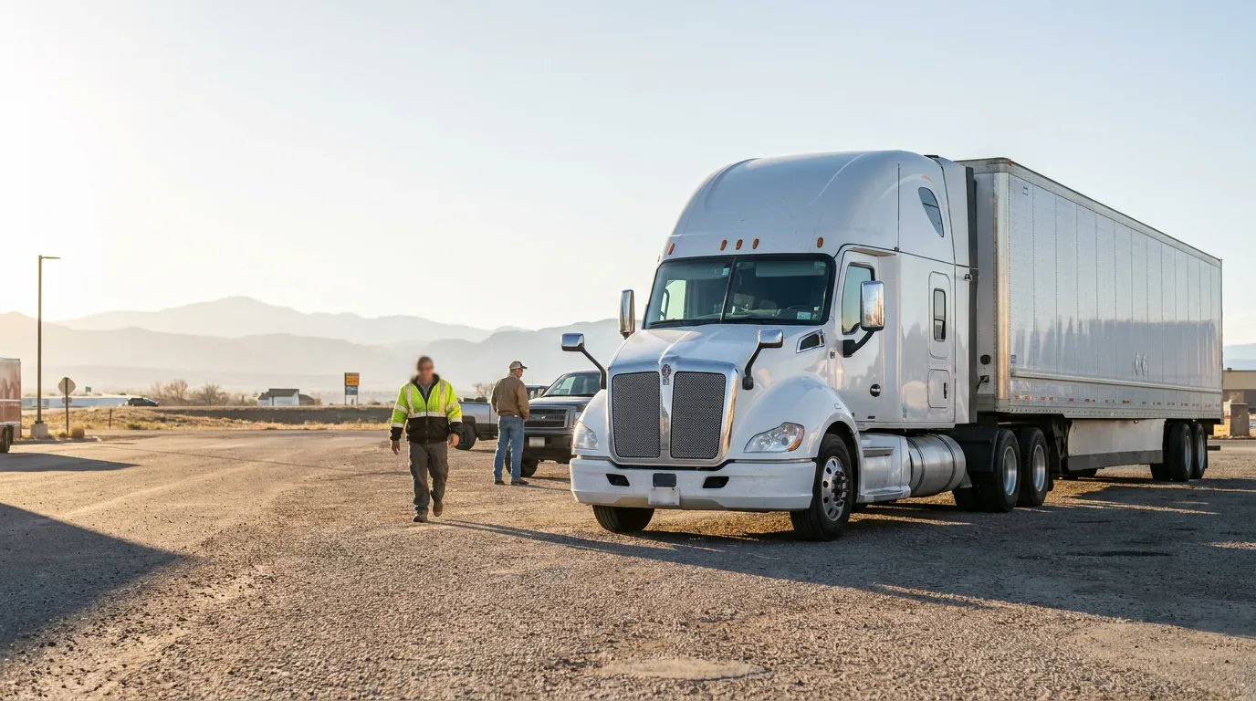 worker in safety vest walking near parked semi-truck at roadside stop