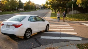 Uber-branded Toyota sedan stopped at pedestrian crosswalk with two people approaching