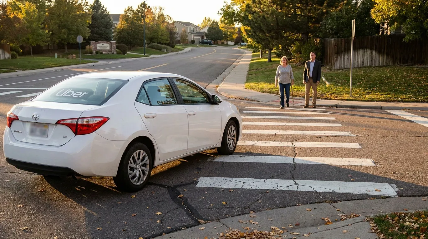 Uber-branded Toyota sedan stopped at pedestrian crosswalk with two people approaching
