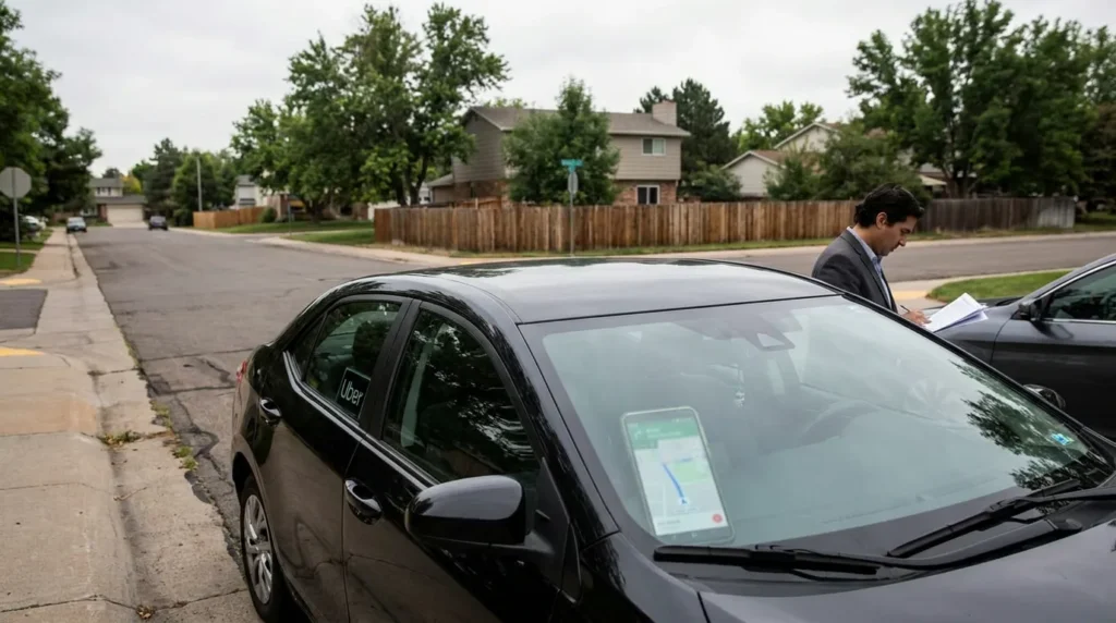 suited man reviewing documents beside parked Uber vehicle on residential street