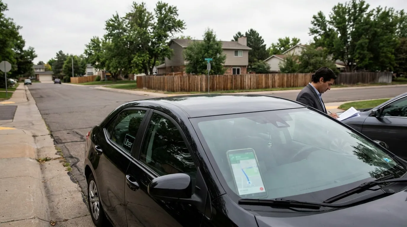suited man reviewing documents beside parked Uber vehicle on residential street