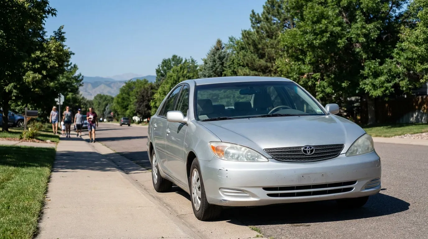 Toyota Camry sedan parked on residential street with pedestrians walking nearby