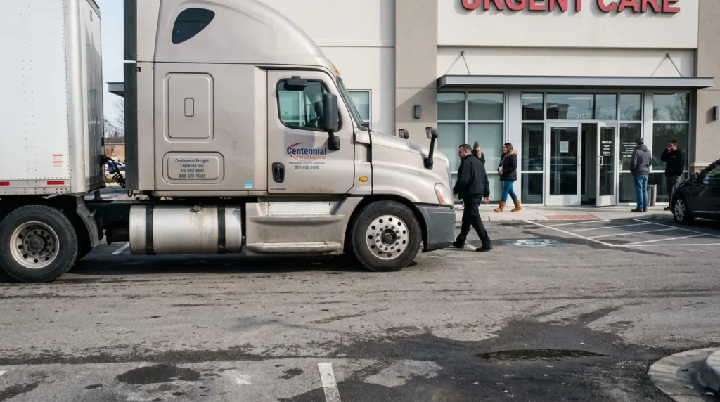 Centennial Freight semi-truck parked near Urgent Care building with pedestrians nearby