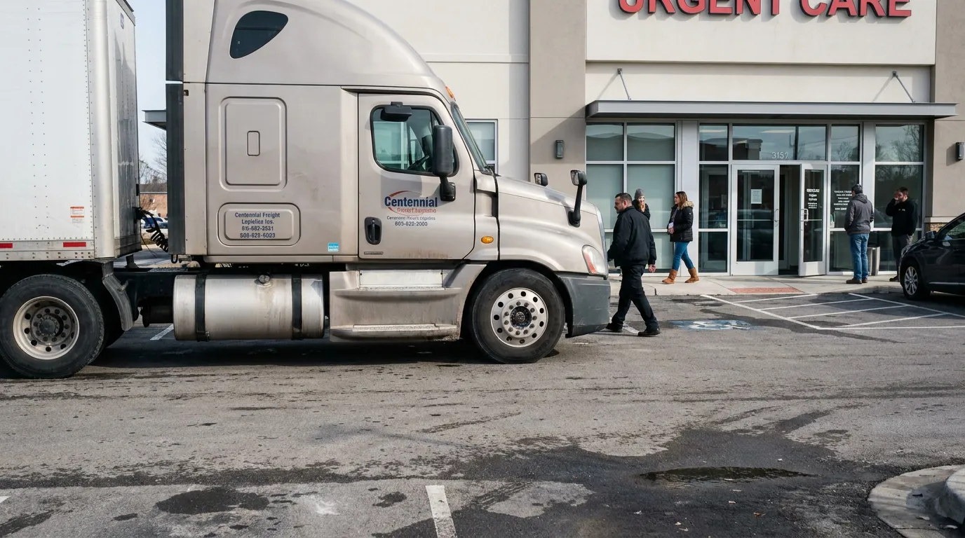 Centennial Freight semi-truck parked near Urgent Care building with pedestrians nearby
