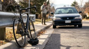 road bicycle and helmet on curb near stopped car and person on phone