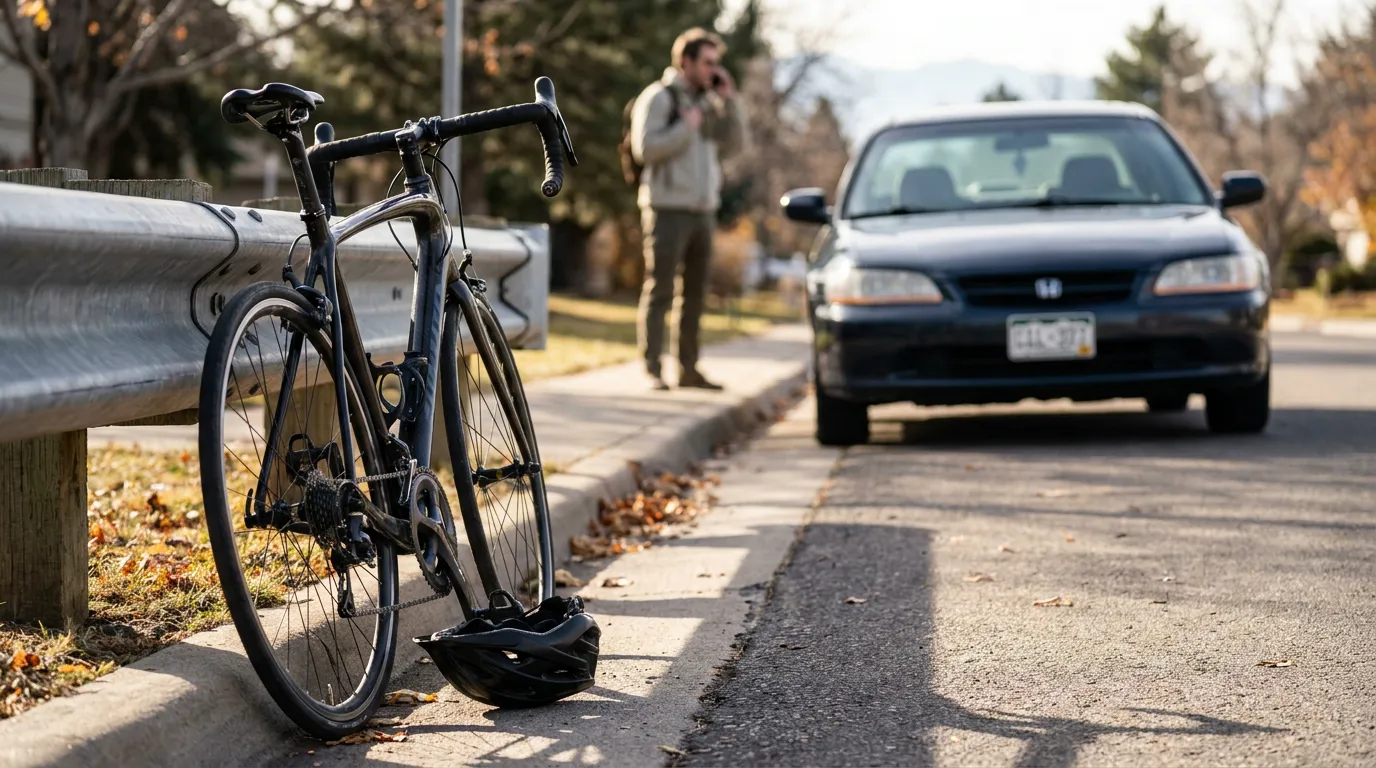 road bicycle and helmet on curb near stopped car and person on phone