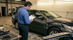 inspector holding clipboard reviewing damaged sedan with dented front panel in auto shop