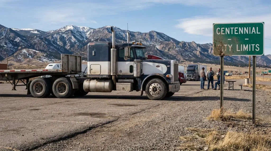 semi-truck parked near Centennial City Limits sign with mountain backdrop