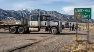 semi-truck parked near Centennial City Limits sign with mountain backdrop