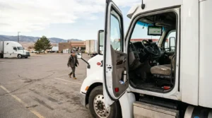 truck driver approaching open-door Peterbilt semi-truck cab at commercial truck stop