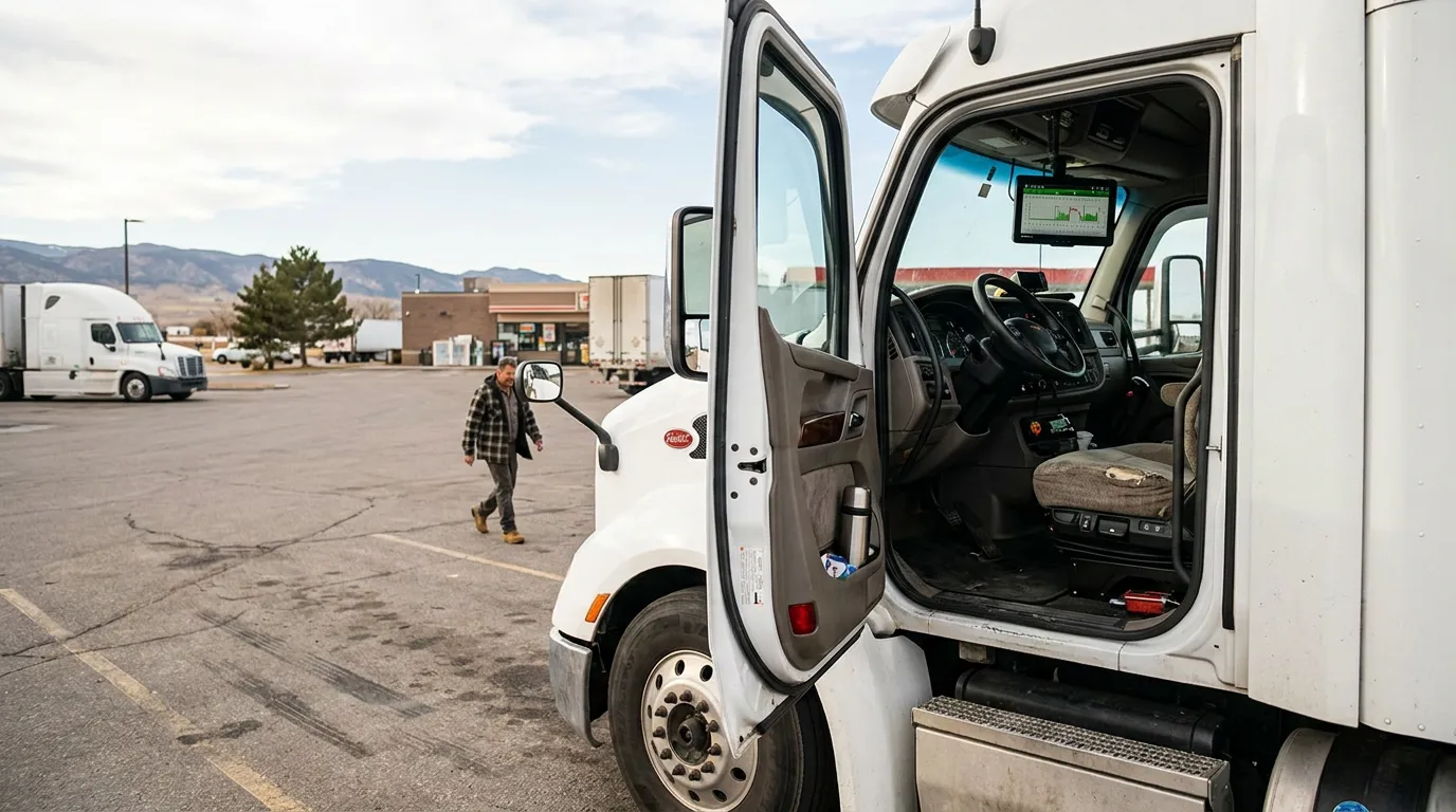 truck driver approaching open-door Peterbilt semi-truck cab at commercial truck stop