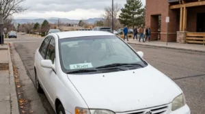 Uber rideshare vehicle parked on street with Uber sign displayed in windshield