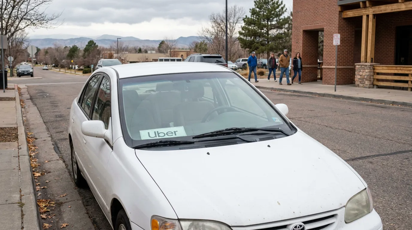 Uber rideshare vehicle parked on street with Uber sign displayed in windshield