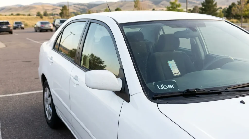 sedan with Uber logo sticker on windshield and phone mounted inside