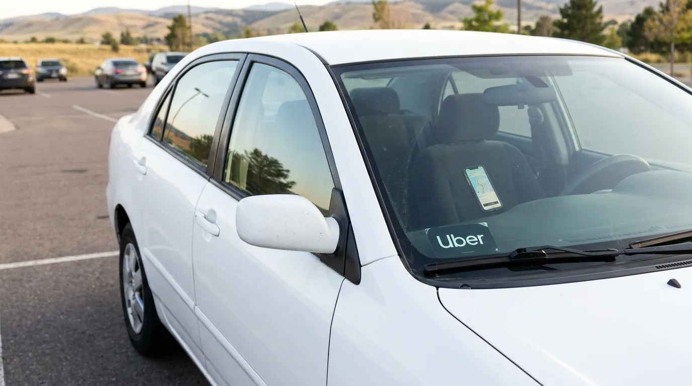 sedan with Uber logo sticker on windshield and phone mounted inside