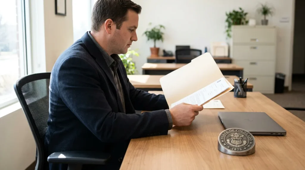 attorney reviewing documents in folder beside State of Colorado seal desk medallion