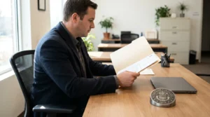 attorney reviewing documents in folder beside State of Colorado seal desk medallion