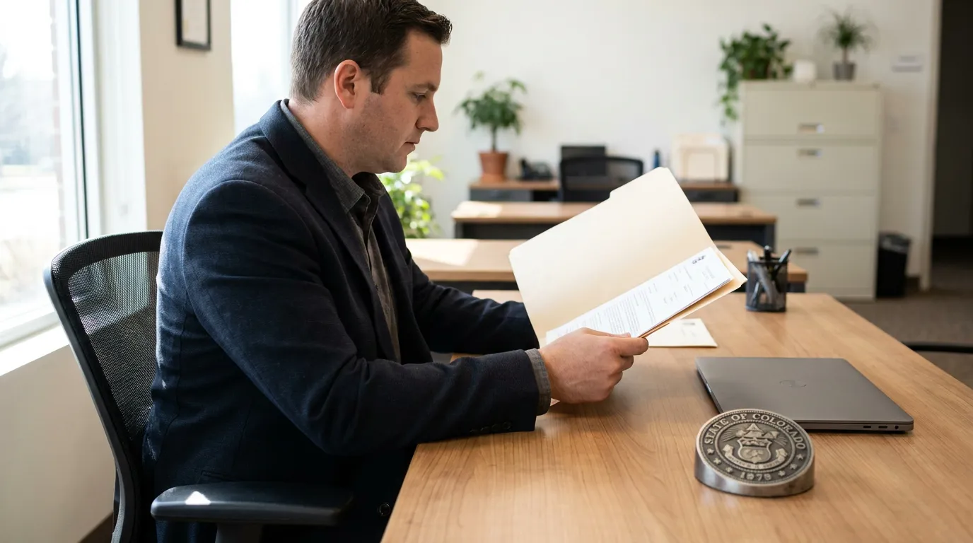 attorney reviewing documents in folder beside State of Colorado seal desk medallion