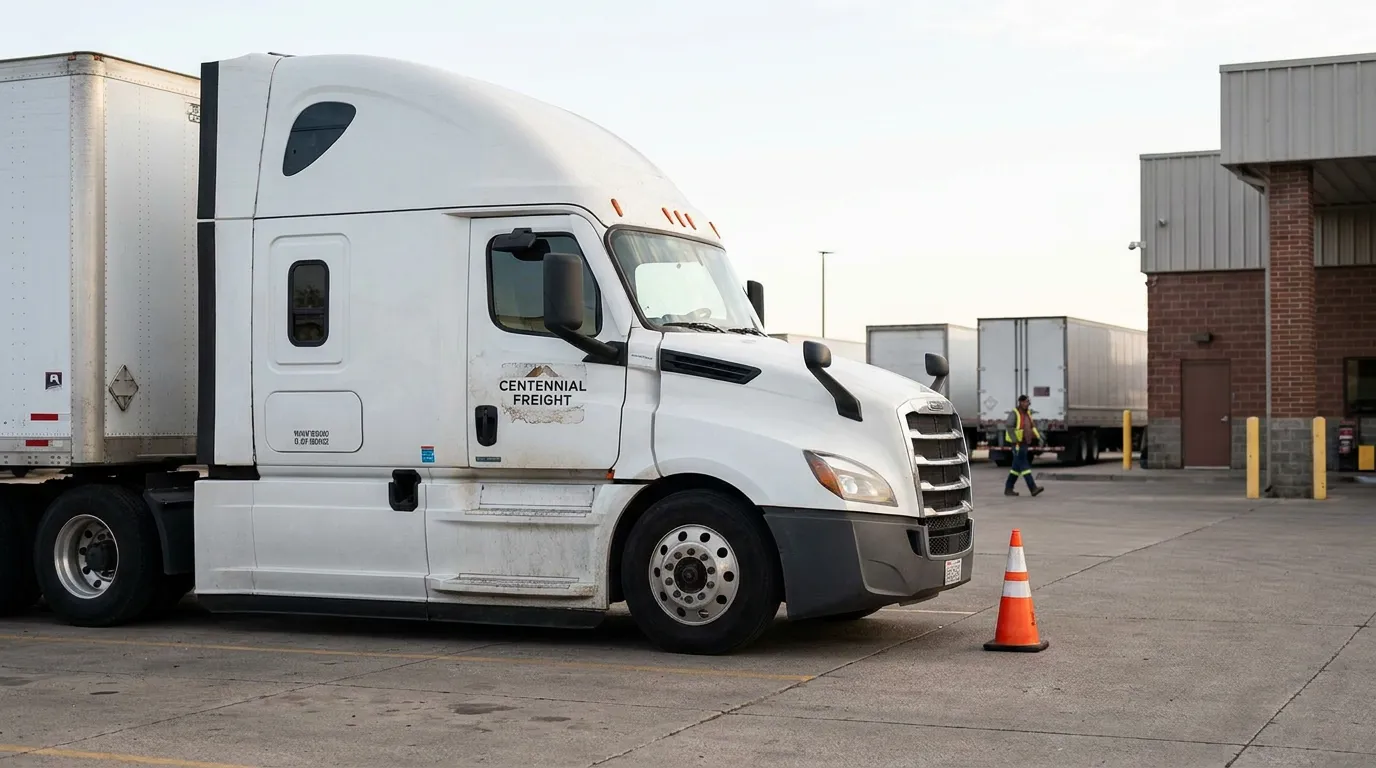 Centennial Freight semi-truck parked at commercial loading dock with traffic cone
