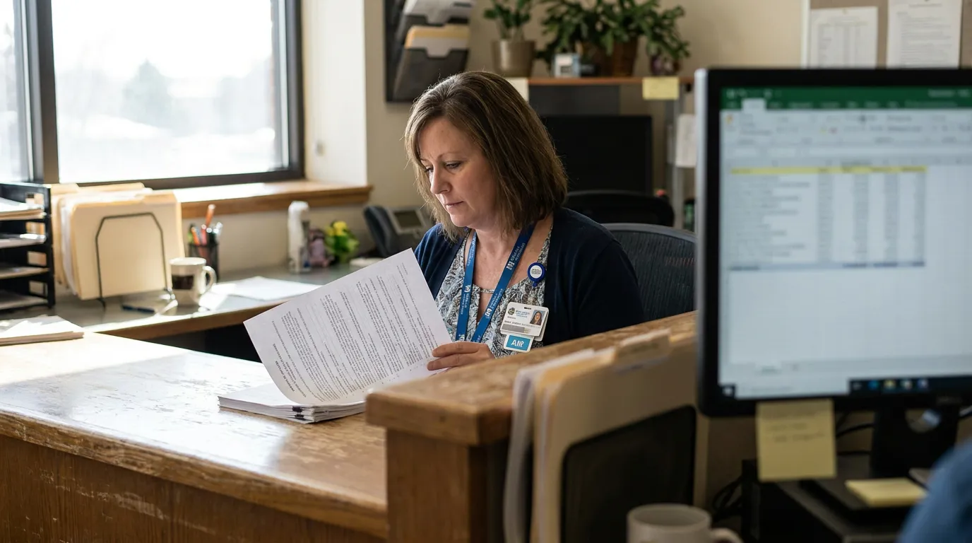 female professional wearing ID badge reviewing printed documents at office desk