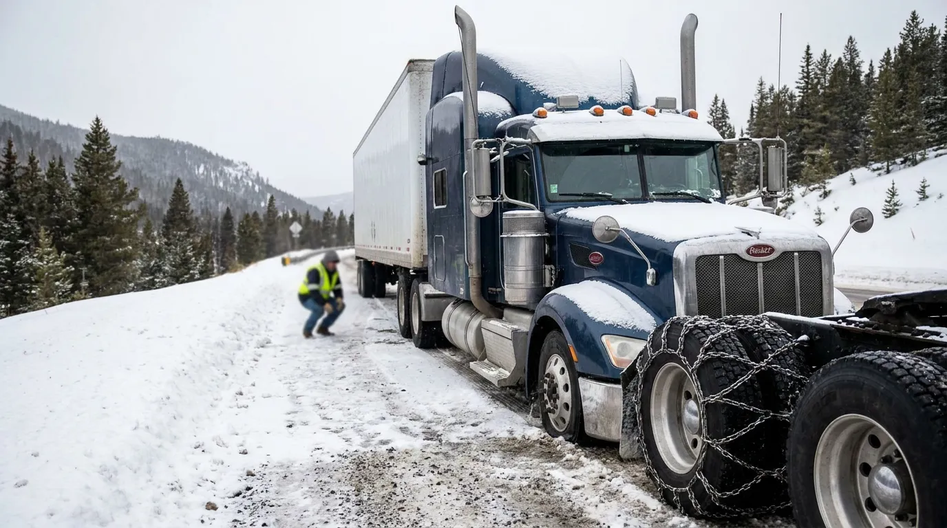 Peterbilt semi-truck with tire chains stopped on snow-covered mountain highway
