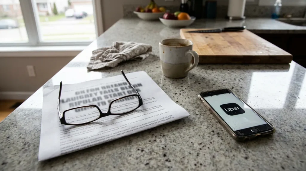 smartphone displaying Uber app logo beside printed document and eyeglasses on kitchen counter