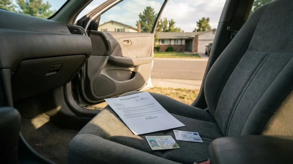 legal notice document and Colorado driver's license on car seat with open door