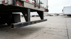 close-up of commercial truck trailer rear underride guard bar in parking lot