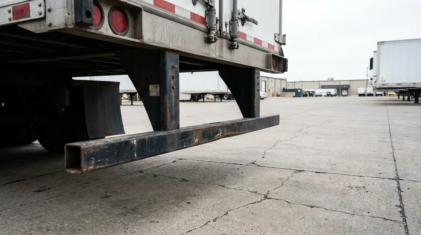 close-up of commercial truck trailer rear underride guard bar in parking lot
