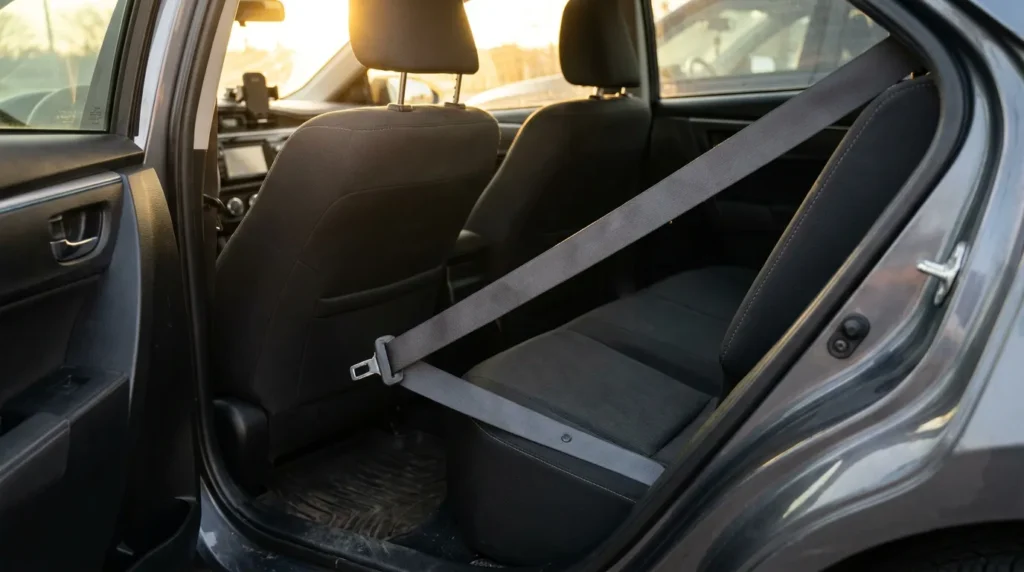 unfastened seat belt hanging across empty rear passenger seat in vehicle