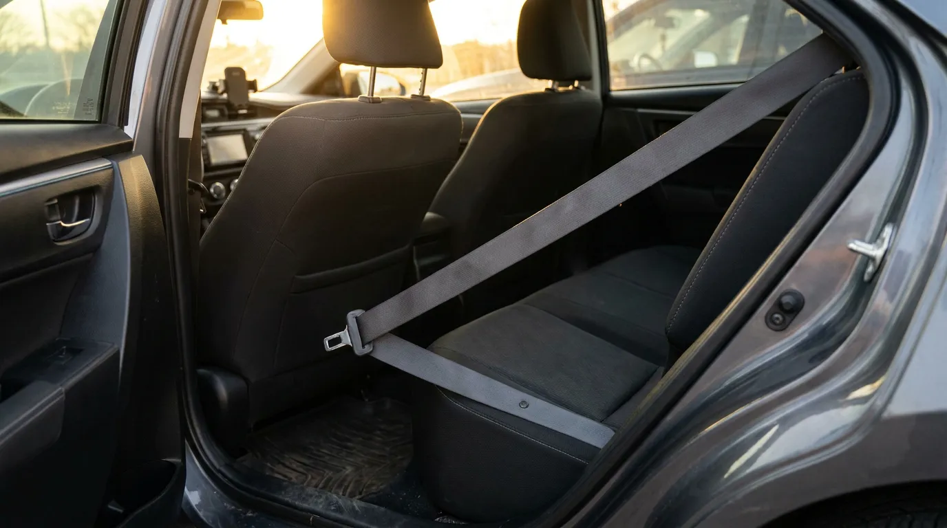 unfastened seat belt hanging across empty rear passenger seat in vehicle