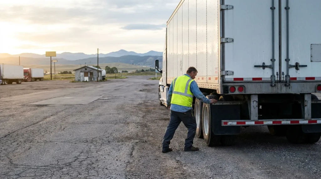 truck driver in safety vest inspecting tires on semi-truck at rural stop