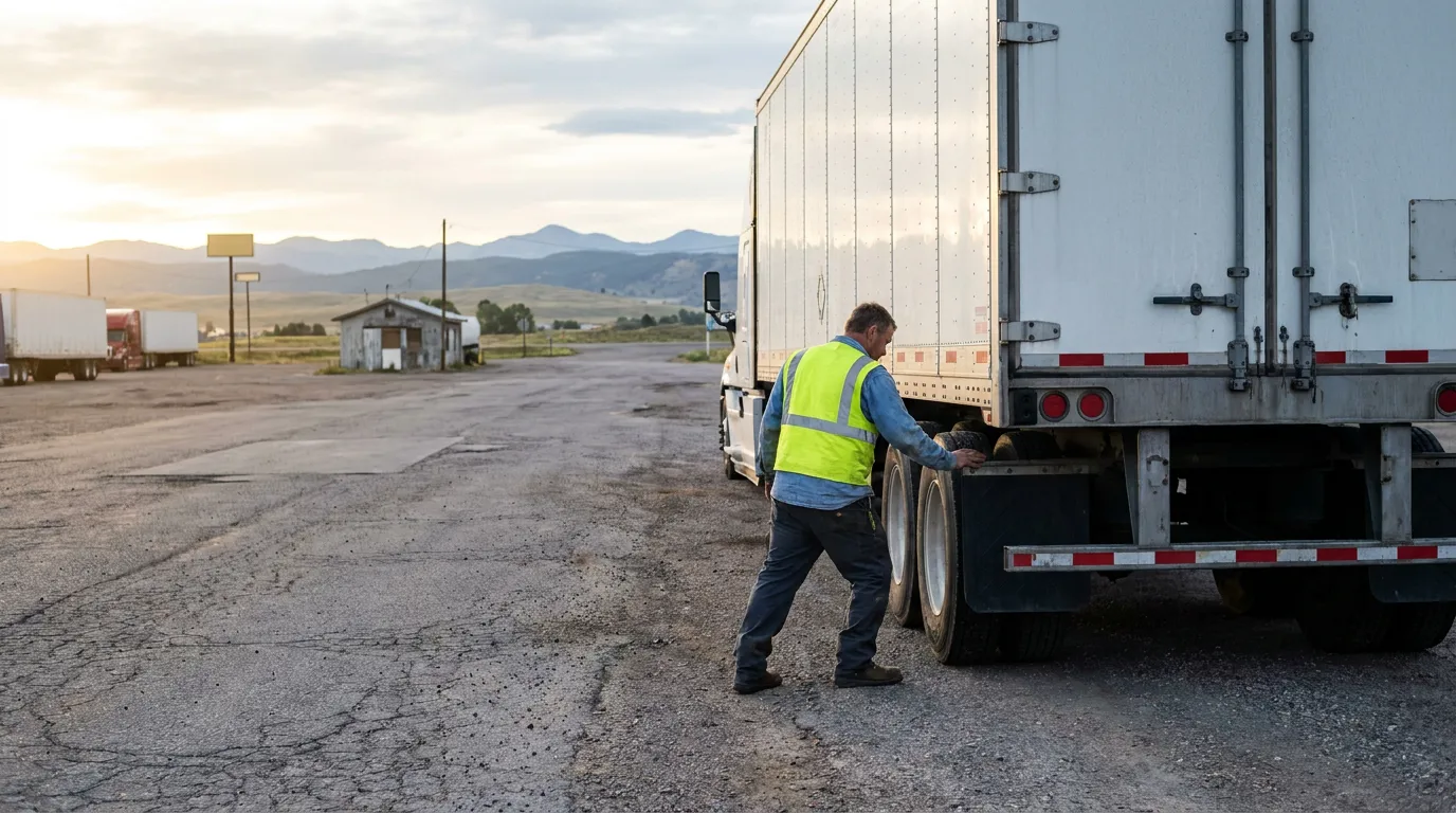 truck driver in safety vest inspecting tires on semi-truck at rural stop