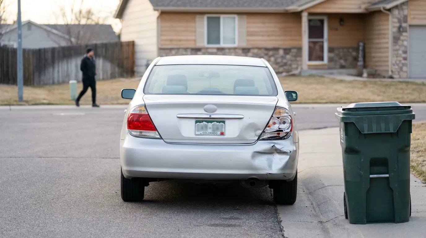 sedan with rear-end collision damage parked on residential street near trash bin